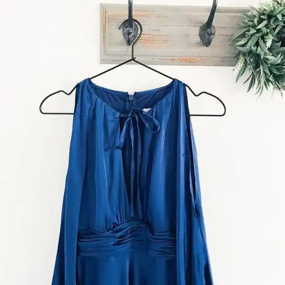 NWT Mac Duggal Blue Plunge Neck Long Sleeve Satin Sheath Gown 2 - Picture 3 of 8
